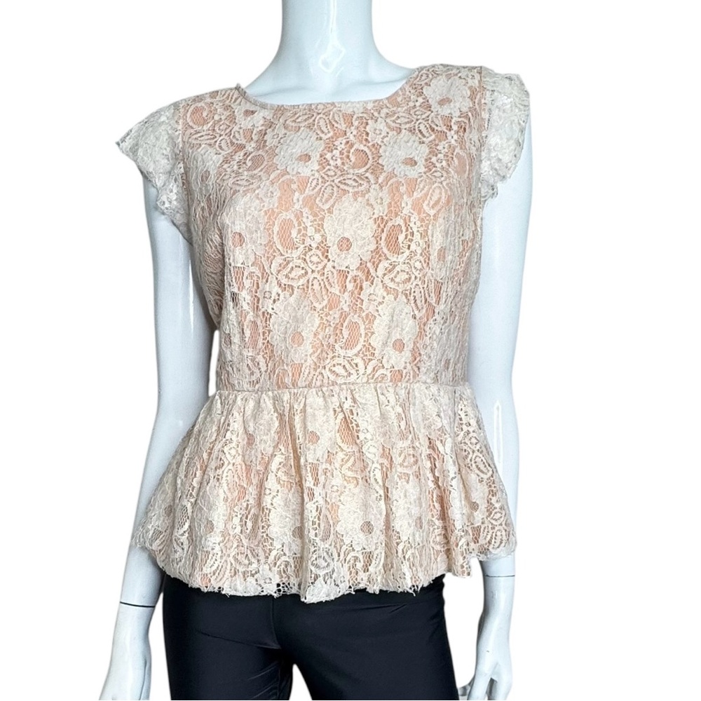 Maeve Peach with Cream Lace Peplum Cap Sleeves Blouse